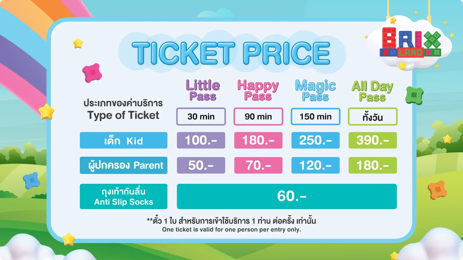 ตารางค่าบริการ BrixLand เซ็นทรัล ศาลายา — เด็ก 30 นาที 100 บาท / 90 นาที 180 บาท / 150 นาที 250 บาท / ทั้งวัน 390 บาท · ผู้ปกครอง 50 / 70 / 120 / 180 บาท · ถุงเท้ากันลื่น 60 บาท · ตั๋ว 1 ใบใช้ได้ 1 ท่านต่อครั้ง